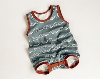 Organic wave romper, ocean romper, organic boy romper, sea romper, boys romper, waves summer romper, sleeveless romper, whale summer