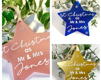 Personalised First Christmas as Mr & Mrs Star Tree Decoration - 1st Christmas Married Couple - Newly Weds