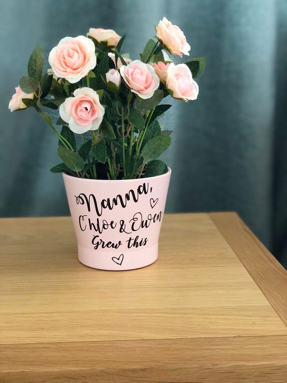 Personalised Botanical Flower Straight Sided Flower Pot Vase Mum Grandma Nan