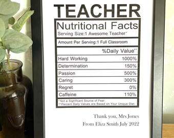 Teacher Thank You Print Gift - Fun "Nutritional Facts" - Framed print - Personalised - Black frame