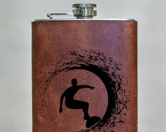 Surfing 8oz Surfer Flask Leather Wrapped Flask Groomsman Surfing Gift Personalized Flask Engraved Steel Surfing Flask Wedding Flask Husband