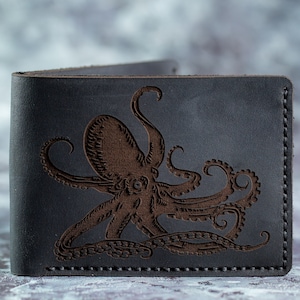 Octopus Wallet Octopus Attacks Mens Leather Wallet Leather Personalized Wallet Octopus Nautical Gift wallet, Octopus Bifold Wallet Wedding image 1