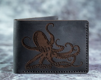 Octopus Wallet Octopus Attacks Mens Leather Wallet Leather Personalized Wallet Octopus Nautical Gift wallet, Octopus Bifold Wallet Wedding