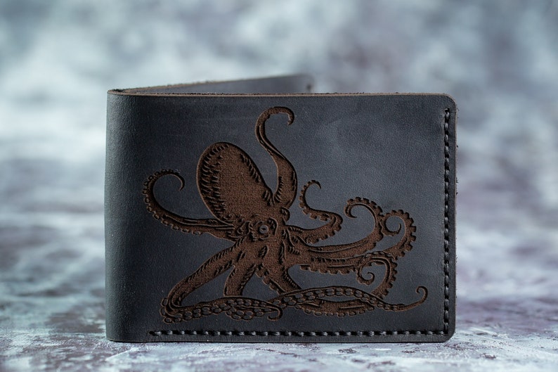 Octopus Wallet Octopus Attacks Mens Leather Wallet Leather Personalized Wallet Octopus Nautical Gift wallet, Octopus Bifold Wallet Wedding image 1