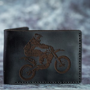 Biker motocicleta monedero hombre Dirtbike regalo hombre Bifold motor de cuero cartera Billfold personalizado aniversario niño regalo