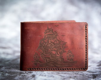 Pirate Ship Wallet Mens Leather Wallet Pirate Ship Wallet Bifold Wallet Engraved Personalized Custom Wallet Anniversary Husband Gift Man