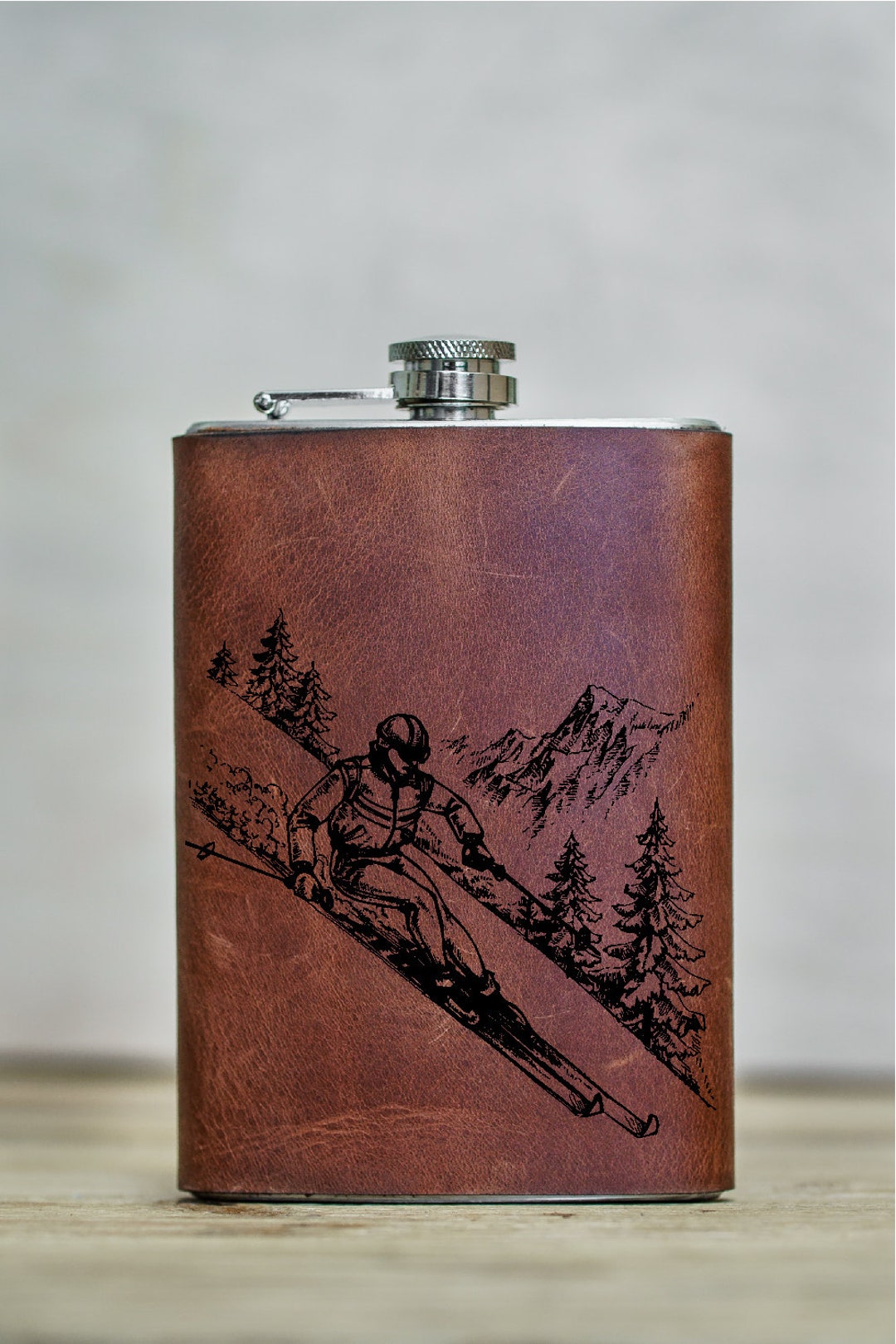 Leather Ski Flask Man Personalized Initials Skiing Fan's Brown Leather