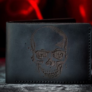 Wallet Skull Wallet Mens Leather Wallet Skull Wallet Bifold Wallet Engraved Personalized Custom Wallet Anniversary Husband Gift Man Skull