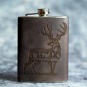Deer Forest 8oz Deer Flask Leather Wrapped Flask Groomsman Nature Gift Personalized Flask Engraved Animal Steel Wedding Flask Husband Deer