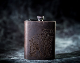 Bear paw flask,9oz,custom paw Flask,Leather Wrapped Flask,Groomsman Gift,Personalized Flask,Engraved Steel Flask,Wedding Flask gift