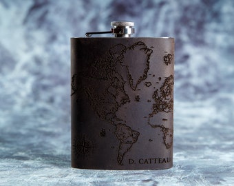 Travel World  Map Leather Wrapped Groomsman Old Travel Map Gift Personalized Camping Outdoors Flask Engraved Steel Flask Wedding Flask Husb
