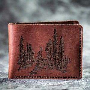 Monedero del árbol hombres cartera de cuero monedero del bosque Monedero Bifold Monedero grabado personalizado cartera personalizada regalo hombre árbol cartera forestal