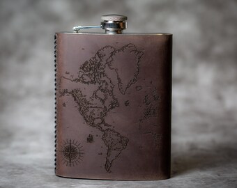 Travel World Map Leather Flask  Groomsman Old Travel Map Gift Personalized Camping Outdoors Flask Engraved Steel Flask Wedding Flask