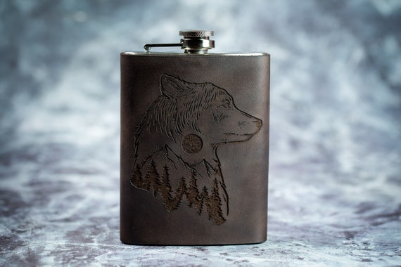 Mountains 8oz Nature Flask Leather Wrapped Wolf Flask Groomsman Gift Personalized Flask Engraved Steel Mountains Flask Wedding Flask Husb