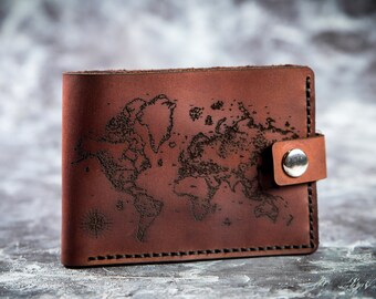 Travel World Map Mens Leather Wallet Bifold Wedding World Map Wallet Engraved Personalized Custom Wallet Travel Map Wallet Boyfriend Gift