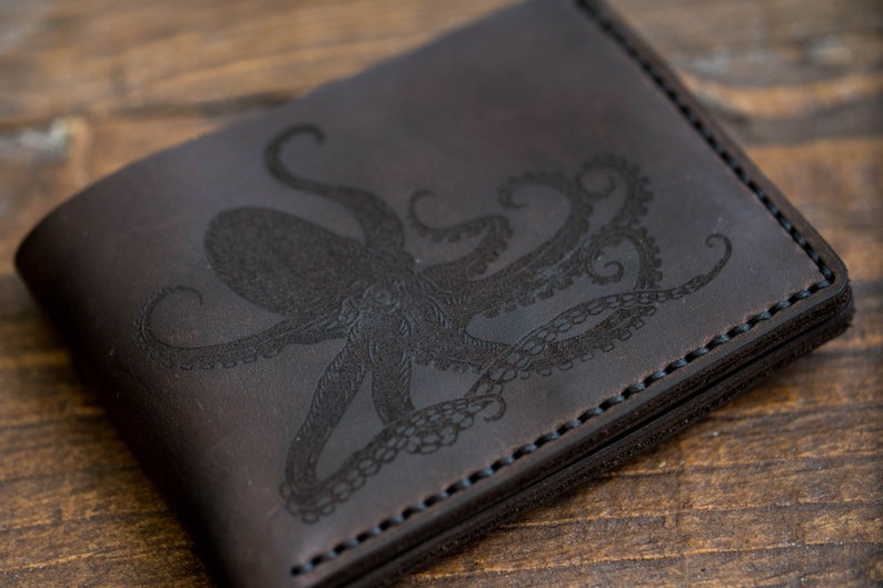 Octopus Wallet Octopus Attacks Mens Leather Wallet Leather Personalized Wallet Octopus Nautical Gift wallet, Octopus Bifold Wallet Wedding image 9