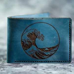 Cartera de cuero para hombre Waves, Cartera plegable de cuero para hombre Ocean Surfer, Regalo de surf para hombre, novio y amigo