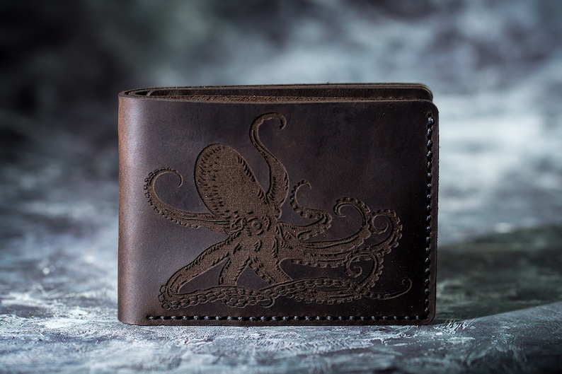 Octopus Wallet Octopus Attacks Mens Leather Wallet Leather Personalized Wallet Octopus Nautical Gift wallet, Octopus Bifold Wallet Wedding image 3