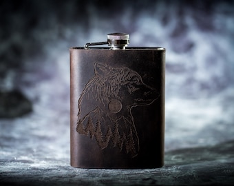 Wolf 8oz Forest Flask Leather Wrapped Flask Groomsman Personalized Flask Engraved Steel Wolf Moon Forest Wedding Flask Groomsman Husband