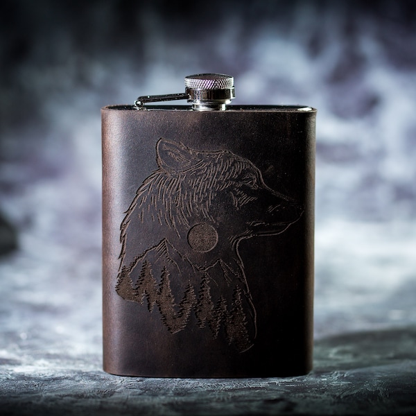 Wolf 8oz Forest Flask Leather Wrapped Flask Groomsman Personalized Flask Engraved Steel Wolf Moon Forest Wedding Flask Groomsman Husband