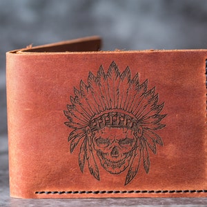 Monedero Cráneo Indio / Monedero Americano Nativ / Monedero Marrón / Monedero de Tarjeta y Dinero / Monedero Jefe Indio / Brieftasche