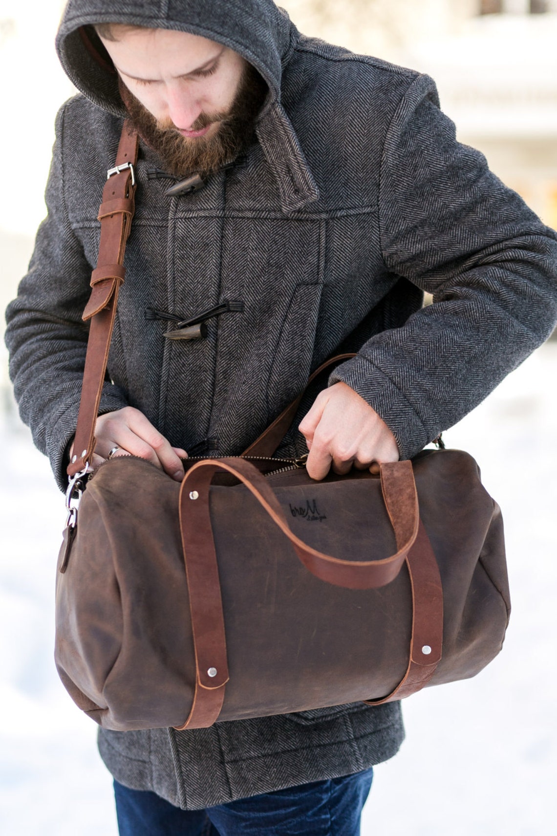 Man Leather Duffle Large Bag Zippered Leather Duffle Overnight Etsy