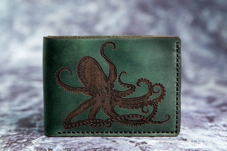 Octopus Wallet Octopus Attacks Mens Leather Wallet Leather Etsy