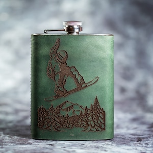Leather Snowboard Free ride Winter Flask  Man Personalized Initials Skiing Fan's brown leather Wedding hip FlasksGuy Gift Flask Custom