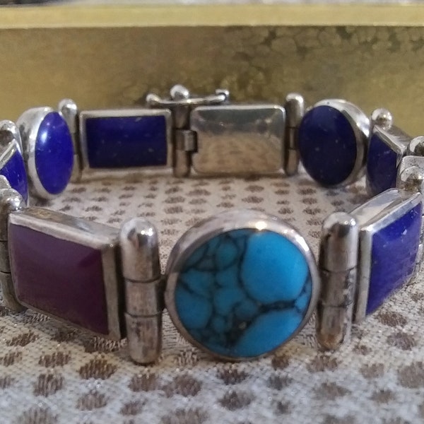 Christin Wolf sterling silver multi-stone reversible bracelet~Navajo