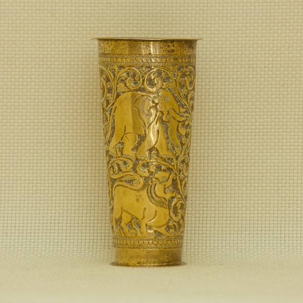 Vintage Indian Brass Miniature Vase with Animal Motifs