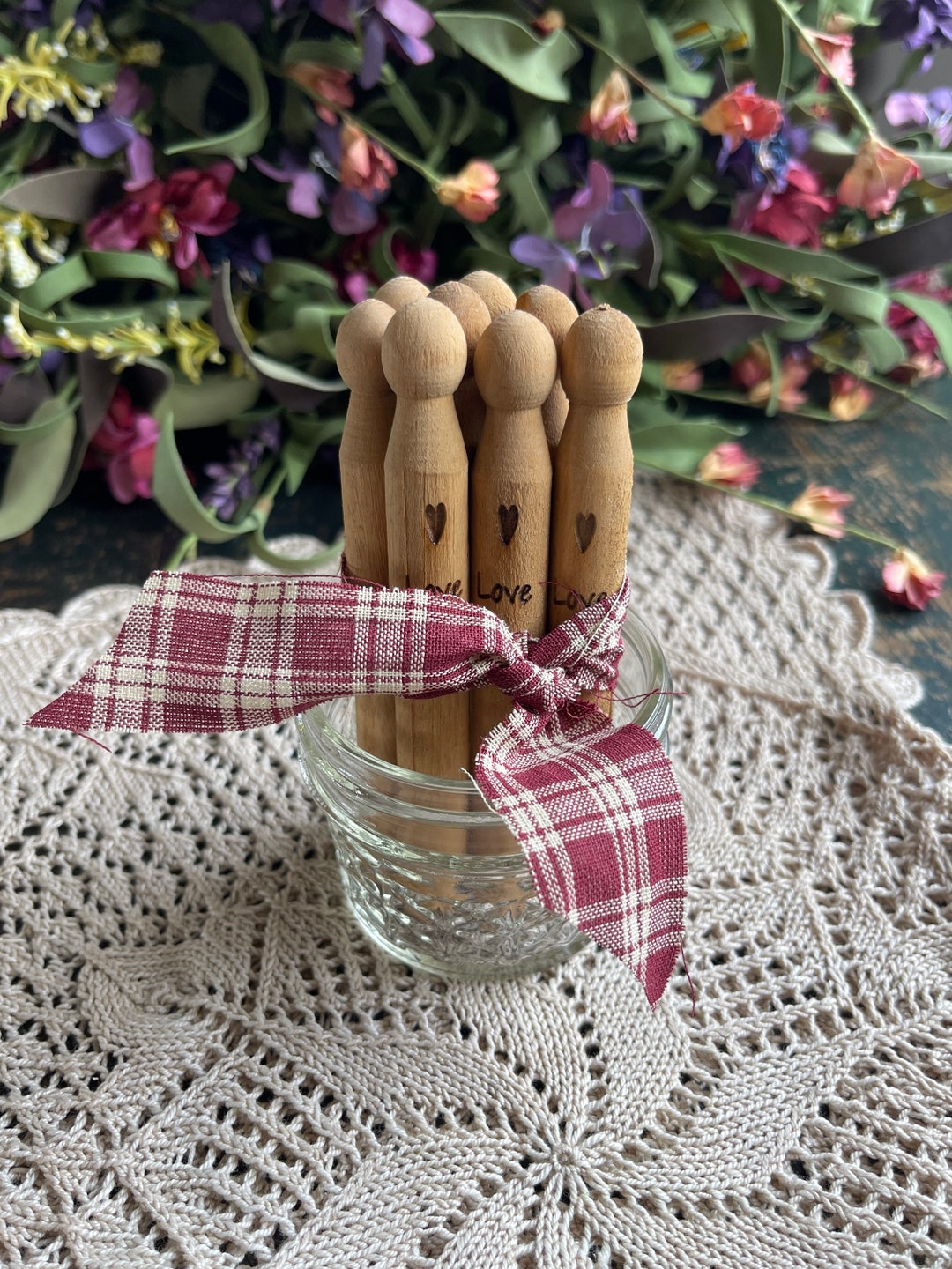 Vintage Inspired Clothespins With Cloth Ribbon, Set of Eight Vintage