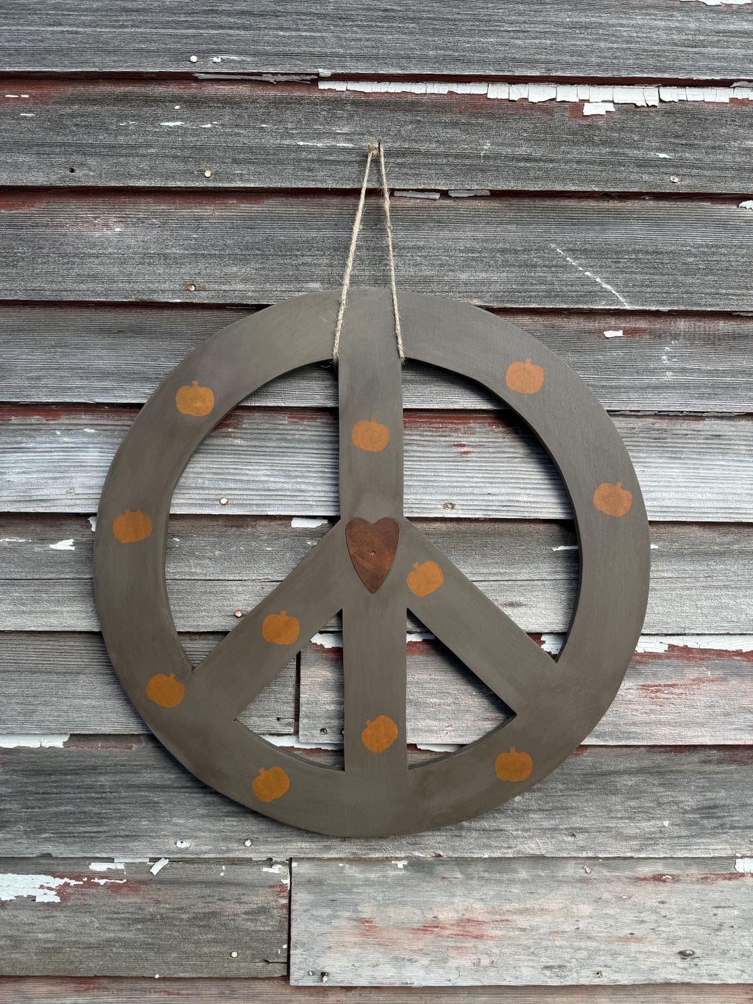 Fall Peace Sign Rustic Fall Peace Sign With Pumpkins and Rusty Tin Heart, Fall Decor ...