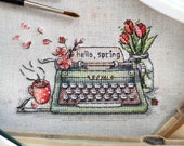Typewriter cross stitch - Vintage Retro Typewriter - spring cross stitch - hello spring - delicate cross stitch - floral cross stitch