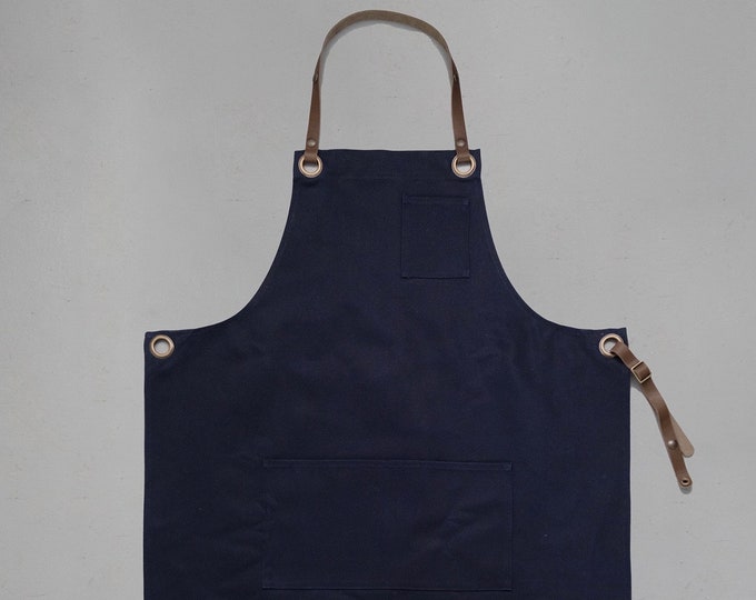 “Butcher” apron in fabric and leather straps