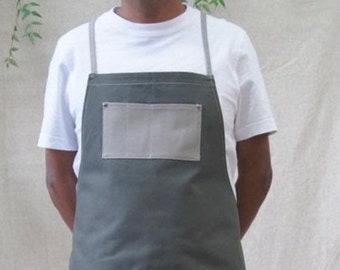 Fabric "work" apron, crossed shoulder straps