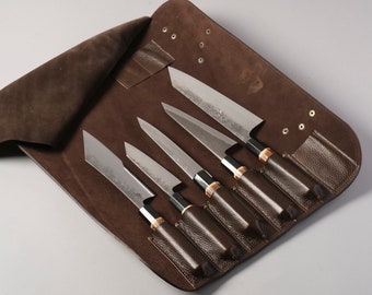 Small Knife roll in leather with handle and shoulder strap
