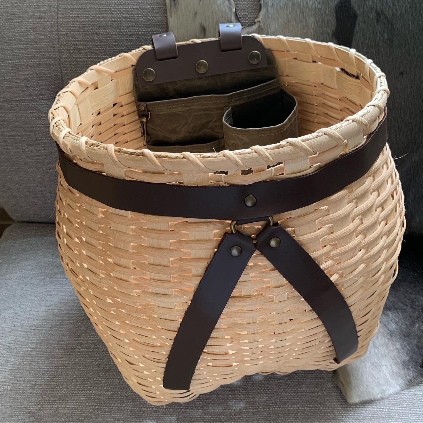 Adirondack basket with waterproof leather lid and strap
