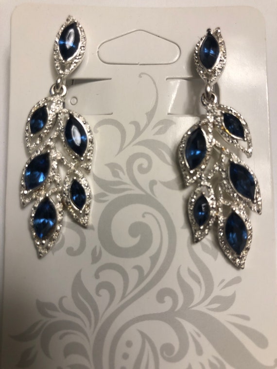 Blue Rhinestone ClipOn Silver Dangle Earrings