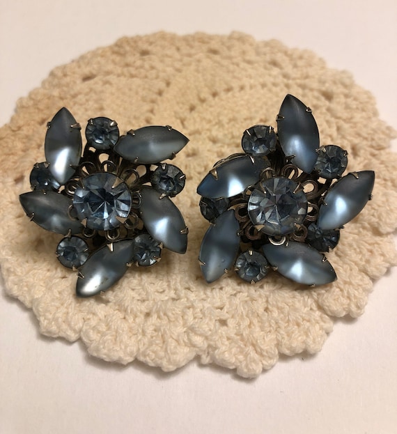 Blue Moonstone and Rhinestone Clip On Earrings - image 1