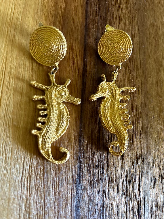 Trifari Clip On Gold Sea Horse Earrings