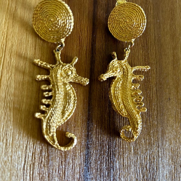 Trifari Clip On Gold Sea Horse Earrings