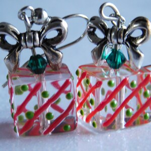 Christmas Gift Earrings with Clear with Red Stripes and Green Dots Hand Painted Lampwork Red Green Christmas Jewelry
