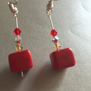 Red Square Murano earrings Swarovski crystal earrings red glass earrings venetian earrings red cube earrings