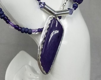 Charoite sterling silver beaded pendant necklace 516