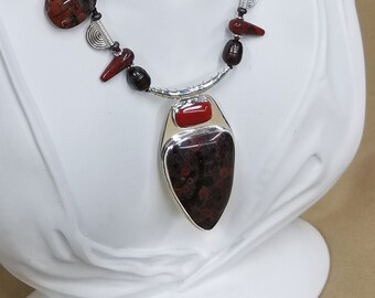 Poppy Jasper stone and Coral sterling bead necklace 248