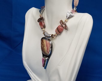 Rhodochrosite and Cobalto Druzy silver beaded necklace  474