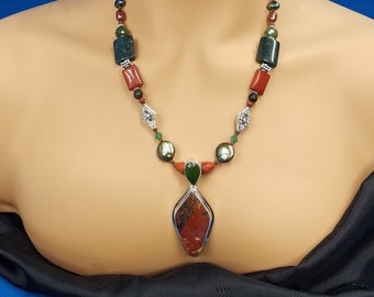 Wyoming Jade and Bloodstone bead sterling necklace 279