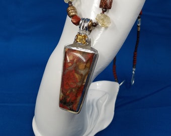 Red Plume agate Citrine bead sterling bead necklace 349