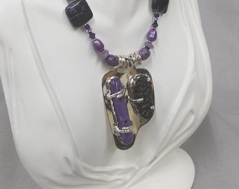 Charoite and Tektite sterling silver beaded necklace 481