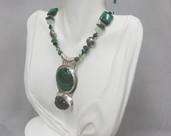 Malachite and botryoidal Hematite sterling silver beaded necklace 460